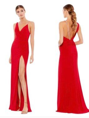 Ieena for Mac Duggal Red Asymmetrical Pearl Strap V-Neck Dress Gown Womens 8